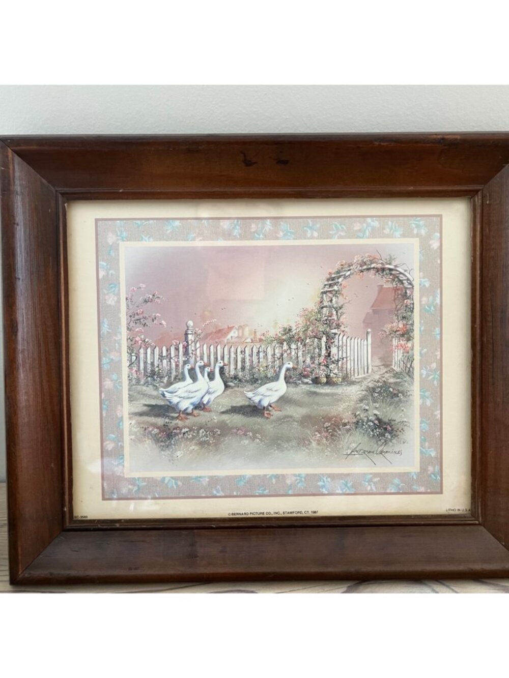 1987 Andres Orpinas Geese In The Garden Wood Framed Print Cottage Core 12'X10" - Picture 2 of 9